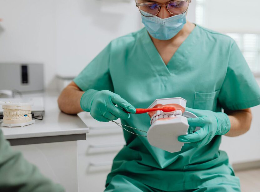 Dentist demonstrating oral hygiene